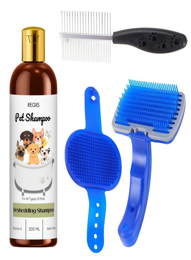 مجموعة العناية بالحيوانات الأليفة مع شامبو لإزالة الشعر الزائد 200 مل، مشط معدني احترافي، مجموعة فرشاة سيليكون زرقاء للكلاب والقطط (عبوة من 4 قطع)